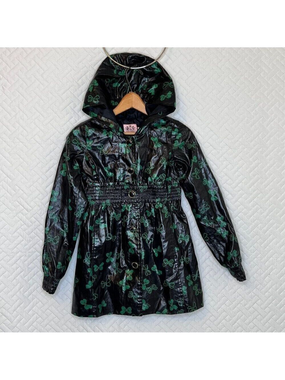 Juicy Couture Hooded Rain Coat RARE Girls 8 M Waterproof Jacket Bow Print Black
